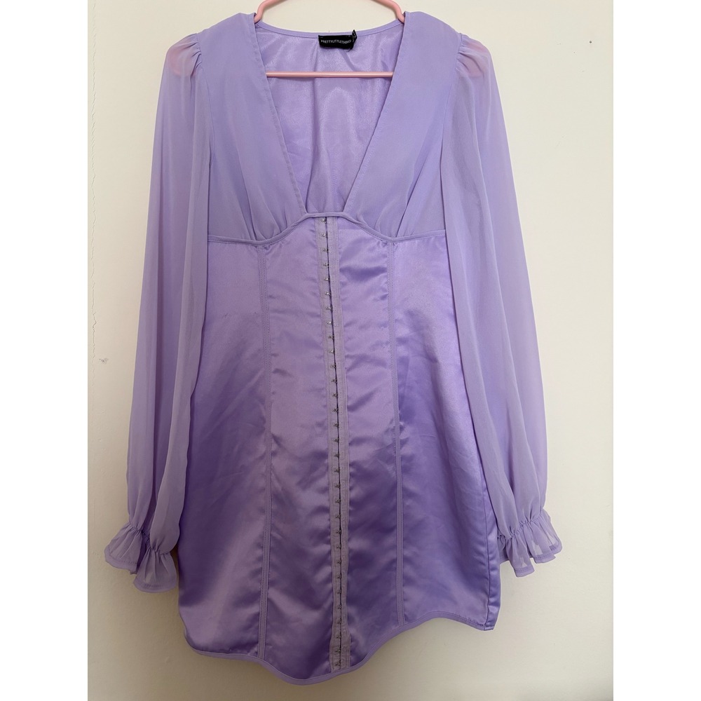 PrettyLittleThing Lilac Satin Corset Mini Dress Sheer Long Sleeve Purple Size 6